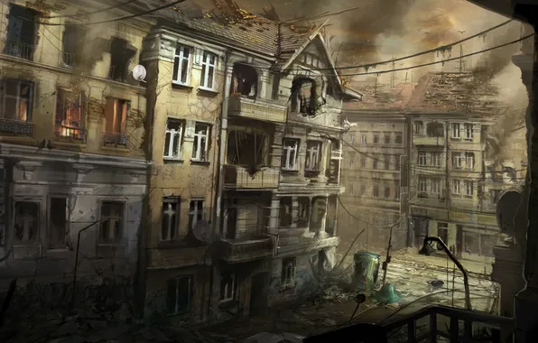 The city, fire, smoke, art, devastation, ruins