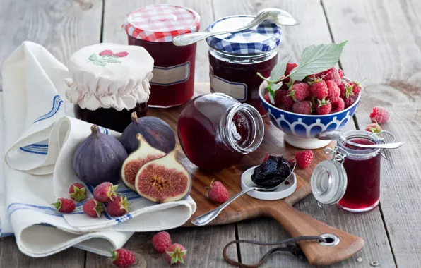 Picture berries, raspberry, jars, Board, jam, jam, spoon, figs