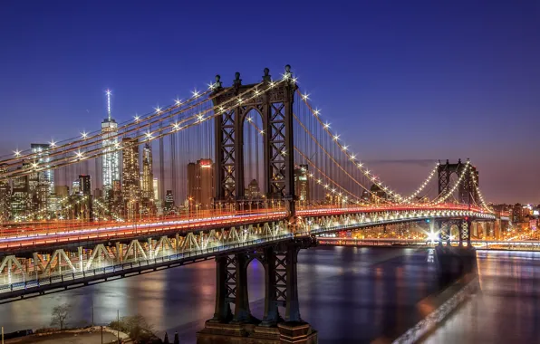 Light, night, bridge, the city, lights, USA, New York