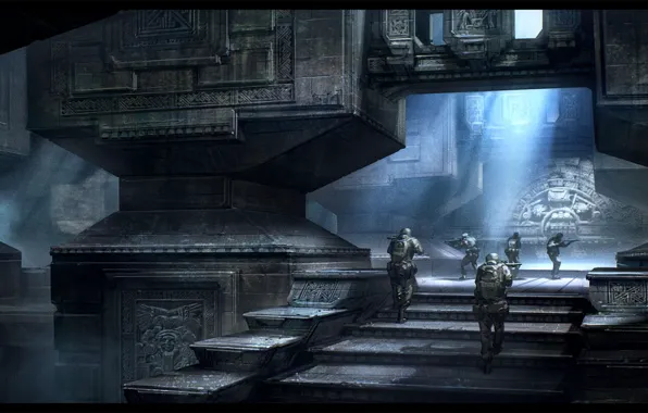 People, columns, stage, invasion, inside pyramid