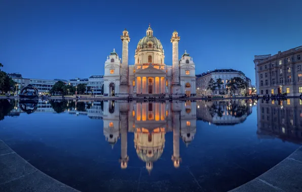 Picture reflection, Austria, Church, night city, pond, Austria, Vienna, Vienna