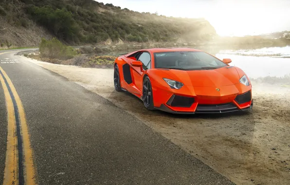 Picture Lamborghini, Orange, Car, Sun, LP700-4, Aventador, Road