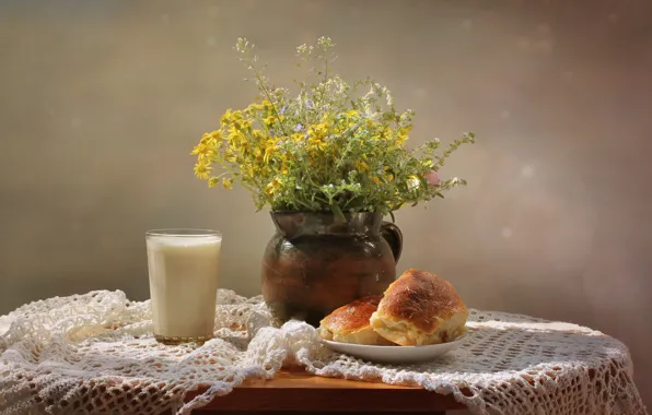 Picture flowers, yellow, glass, table, background, milk, plate, vase