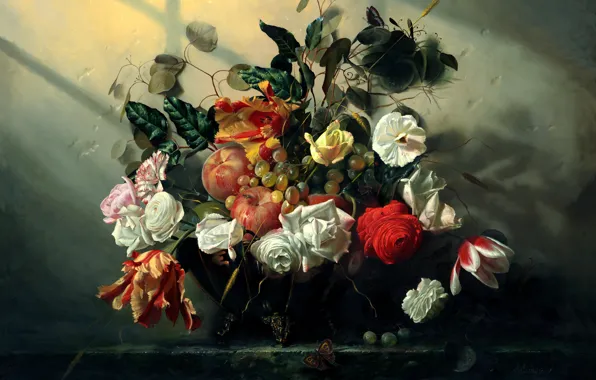 Flowers, butterfly, picture, fruit, still life, art, Alexei Antonov