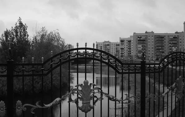 The sky, trees, clouds, overcast, the fence, building, home, black and white