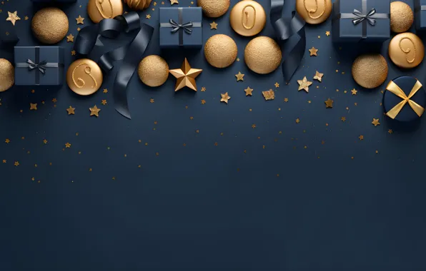 Stars, balls, tape, the dark background, Christmas, gifts, New year, gold plated