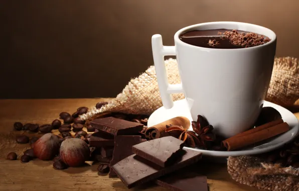 Chocolate, Cup, hazelnuts, spices