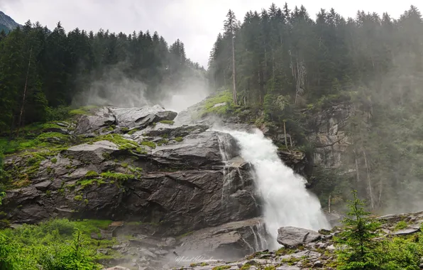 Forest, rocks, waterfall, stream, power