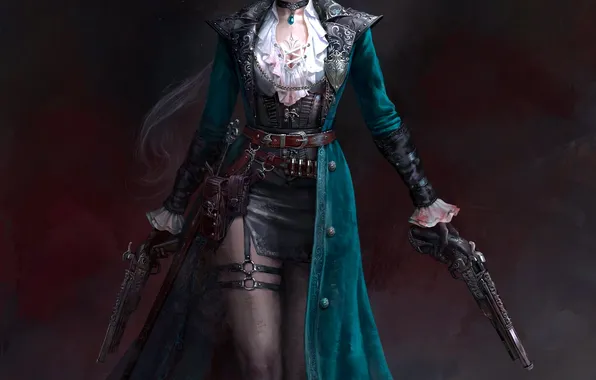 Dark, guns, girl, pistol, fantasy, cleavage, red eyes, coat