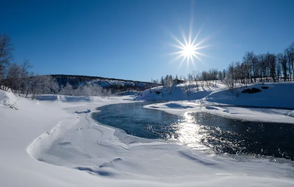 Winter, the sun, snow, river