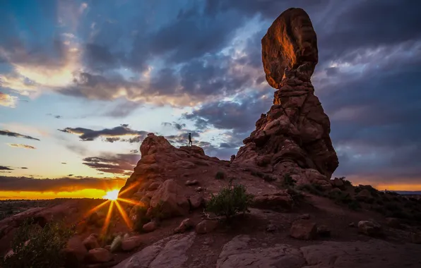 USA, sky, landscape, nature, sunset, clouds, rocks, sun