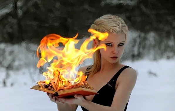 Girl, snow, fire, blonde, book