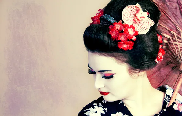 Picture girl, flowers, face, eyelashes, makeup, hairstyle, geisha