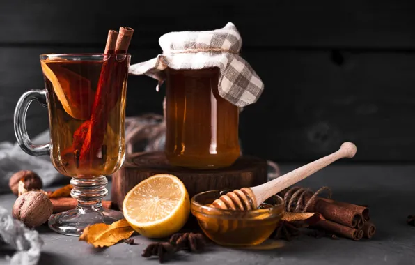 Lemon, tea, honey, Bank, nuts, cinnamon