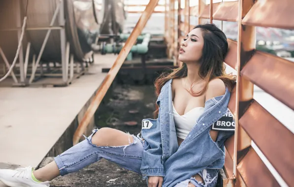 Picture girl, pose, style, jeans, Asian
