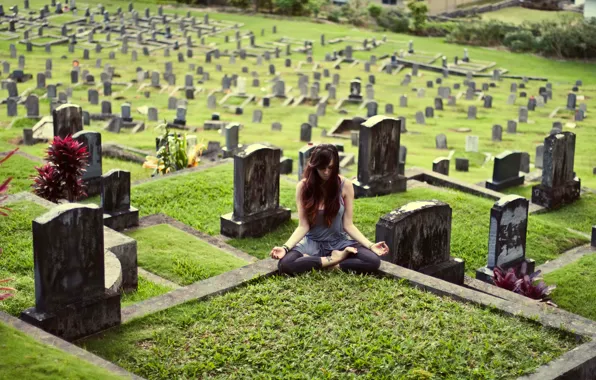 Picture girl, pose, yoga, cemetery, Kylie Woon