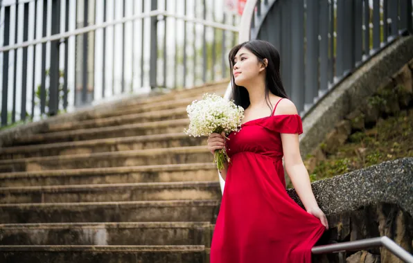 Picture girl, bouquet, dress, Asian