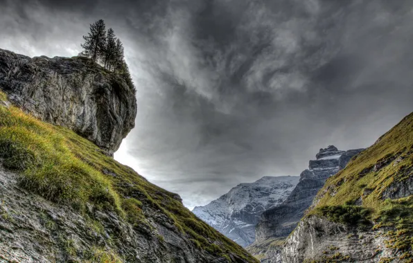 Picture clouds, trees, mountains, HDR, rock