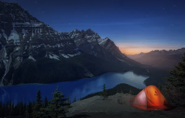 Mountains, lake, rocks, the evening, Canada, tent, Albert