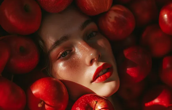 Summer, look, girl, light, face, pose, apples, portrait