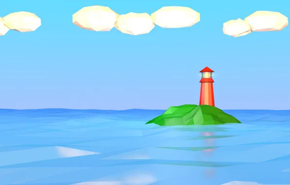 Picture sea, clouds, lighthouse, island, low poly