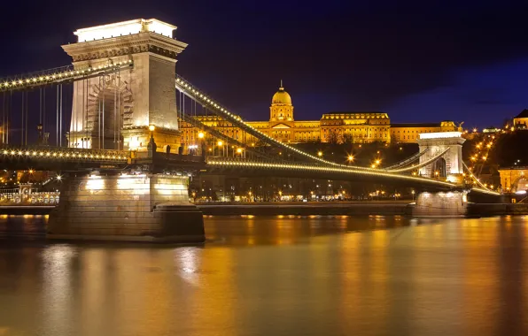 Night, lights, Hungary, Budapest, Chain bridge, Buda Castle