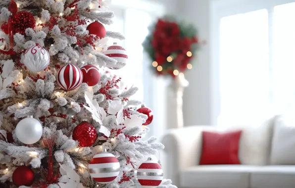 Balls, Christmas, red, New year, tree, white, herringbone, light background