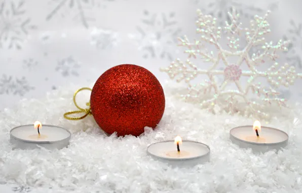Snow, red, flame, holiday, candles, ball, Christmas, three