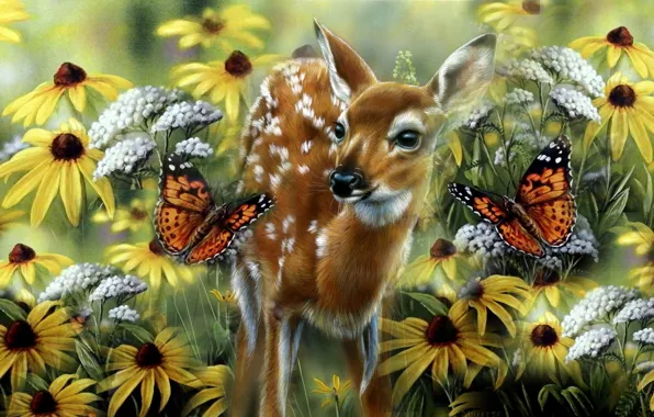 Picture summer, butterfly, baby, meadow, art, fawn, Rebecca Latham