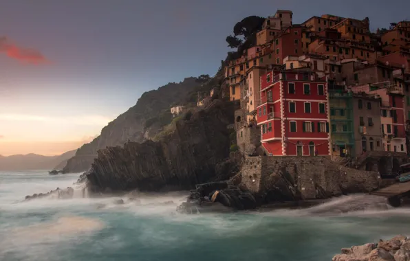 Sea, the city, fog, stones, shore, coast, building, home