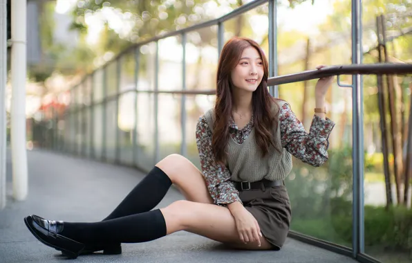 Smile, the fence, Asian, girl posing, slender legs, black knee socks