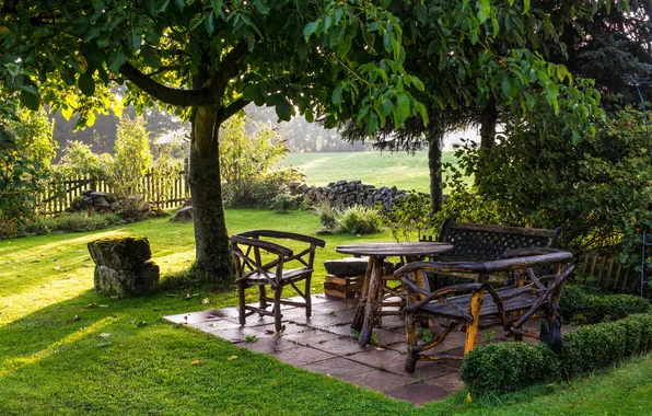 Greens, grass, trees, stones, the fence, garden, the bushes, table