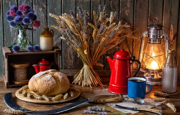 Flowers, style, bottle, lamp, coffee, kettle, bread, mug