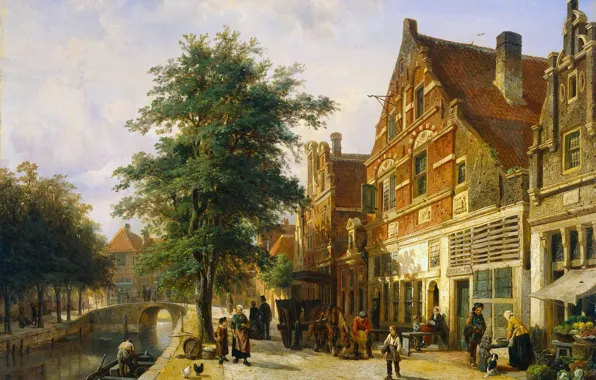 Tree, oil, picture, the urban landscape, Cornelis Springer, A street in Enkhuizen