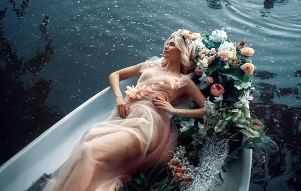 Water, girl, flowers, pose, style, boat, dress, Max Kuzin