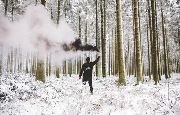 Winter, forest, snow, black, smoke, male