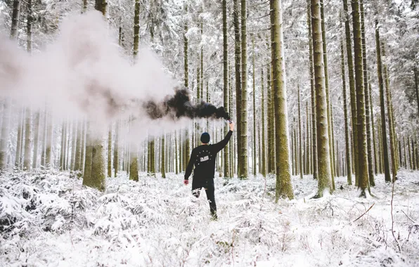 Picture winter, forest, snow, black, smoke, male