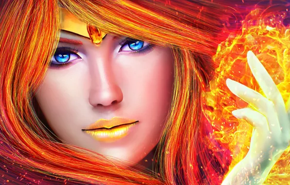 Eyes, look, girl, face, fire, magic, hand, beauty