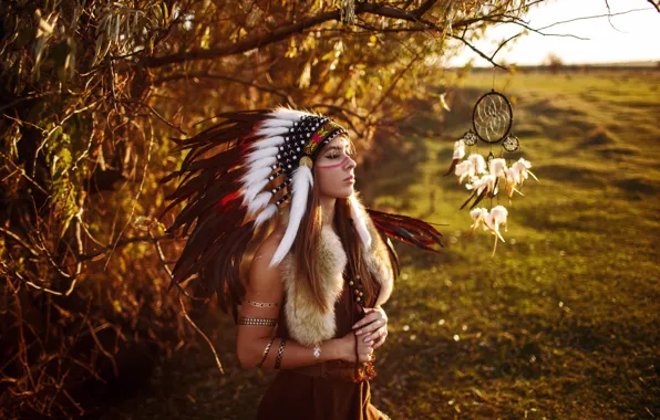 Field, girl, decoration, trees, landscape, branches, feathers, outfit