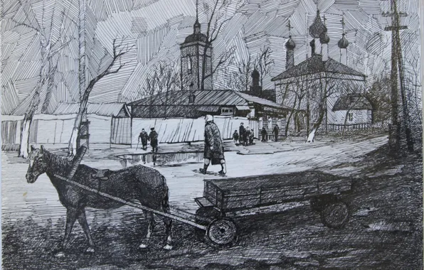 Horse, graphics, black and white, Church, temple, Painting, cart, Svetlana Nesterova