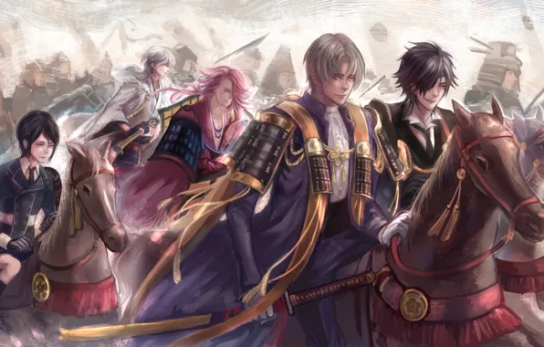 Anime, art, guys, samurai, Touken Ranbu, Dance of swords
