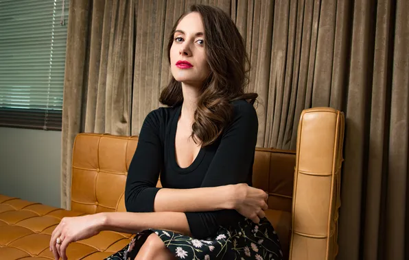 Look, portrait, actress, brunette, curtains, on the couch, posing, blinds