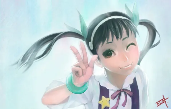 Smile, art, girl, bracelet, school uniform, bakemonogatari, winks, gamerag