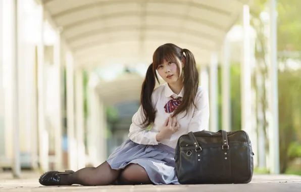 Picture Asian, sitting, face, braids, suitcase