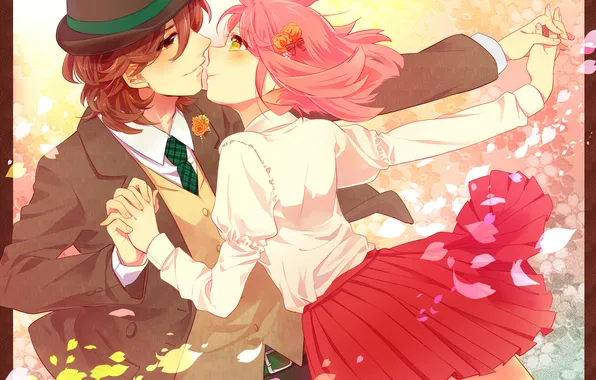 Picture girl, flowers, hat, anime, petals, Sakura, art, guy
