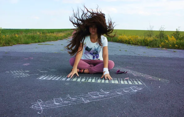 Picture girl, music, fantasy, disheveled hair, a gust of wind, sitting on the pavement, chalk drawing