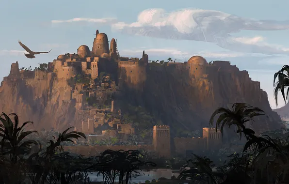 Picture the city, eagle, the building, the evening, fortress, Egypt, Assassin's Creed Origins