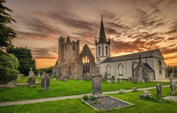 Picture ruins, Ireland, Ruins, Irelan, Evening Monastery, Abbey, Duleek Abbey, medieval structure