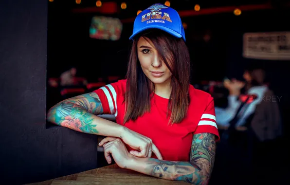 Look, portrait, makeup, piercing, tattoo, t-shirt, hairstyle, cap