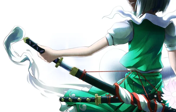 Back, katana, hands, white background, touhou, grin, thread, sheath